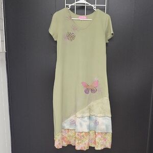 VTG. CRAZY FISH HIPPIE Green Butterfly Print Short Sleeve Dress, Meduim
